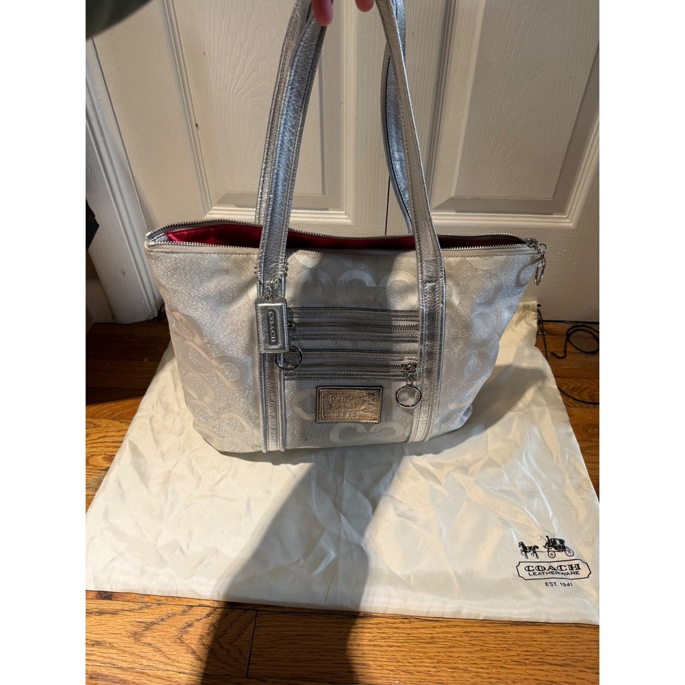 Coach Poppy Metallic Signature C Tote Bag Silver Leather Trim